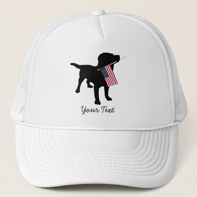 Black Lab Dog with USA American Flag, 4th of July Trucker Hat (Front)