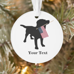 Black Lab Dog with USA American Flag, Christmas Ornament