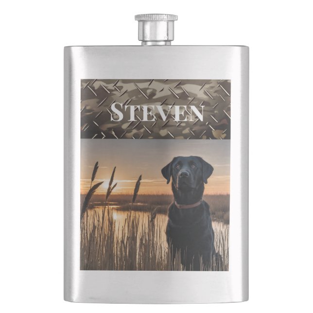 Black Lab Duck Hunting Marsh Camo Outdoors Dog Hip Flask (Front)