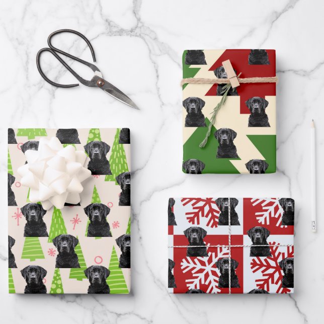 Black Lab Festive Christmas Dog Wrapping Paper Sheet (Front)