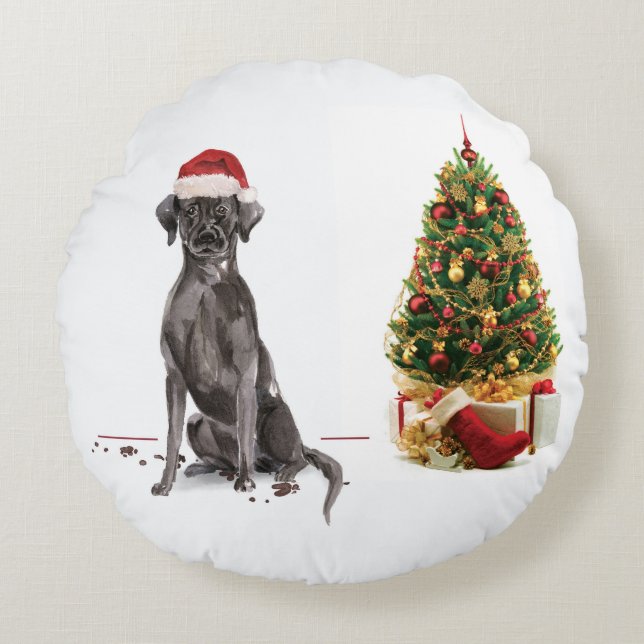 Black Lab Funny Christmas Dog and Tree Round Pillow (Front)