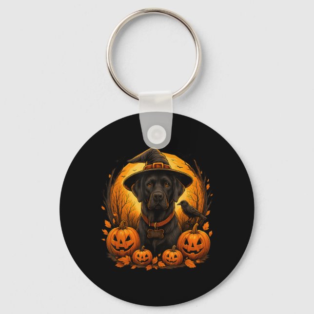 Black Lab Halloween Witch Hat Labrador Dog Pumpkin Keychain (Front)