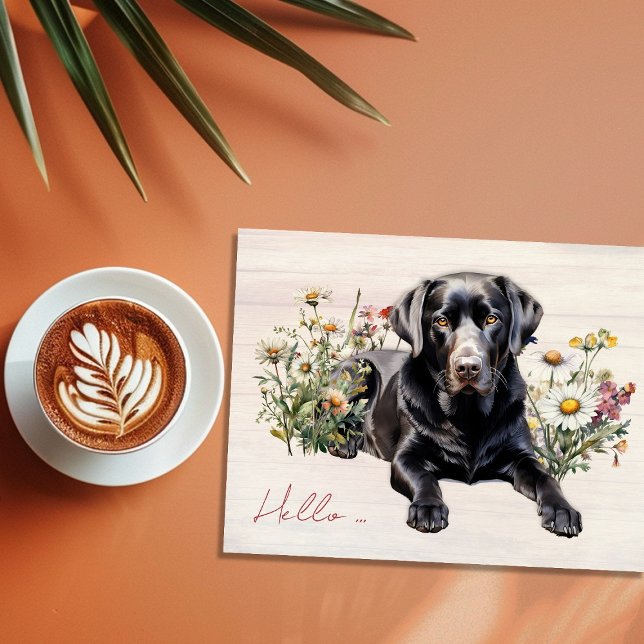 Black Lab in Wildflowers Hello Personalized Postcard (Creator Uploaded)