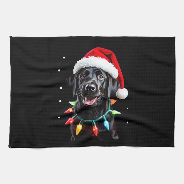 Black Lab Labrador Christmas Tree Light Pajama Dog Kitchen Towel (Horizontal)