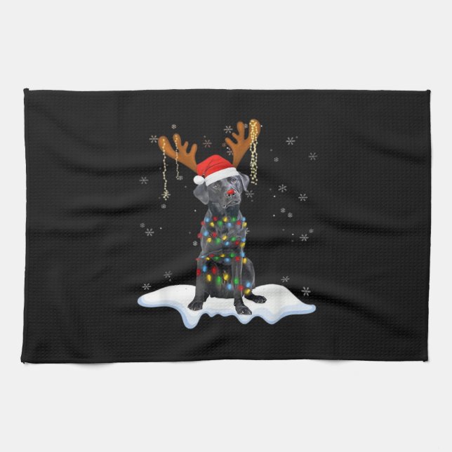 Black Lab Labrador Christmas Tree Light Pajama Dog Kitchen Towel (Horizontal)