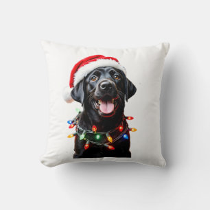 Black Lab Labrador Christmas Tree Light Pajama Dog Throw Pillow