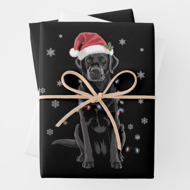 Black Lab Labrador Christmas Tree Light Pajama Dog Wrapping Paper Sheet (In situ)