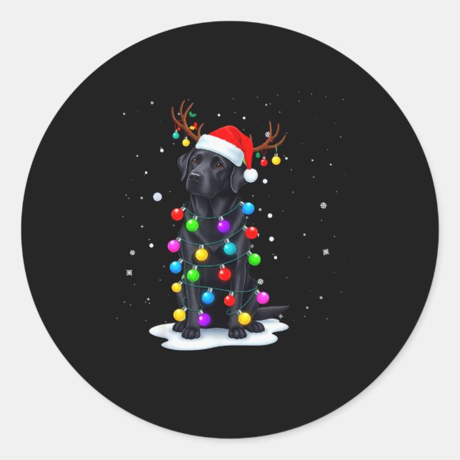 Black Lab Labrador Dog Funny Christmas Lights Rein Classic Round Sticker (Front)