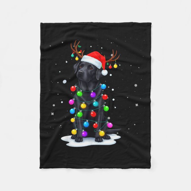 Black Lab Labrador Dog Funny Christmas Lights Rein Fleece Blanket (Front)