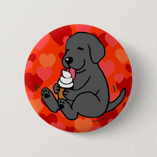 Black Lab Licking Ice Cream with Hearts 2 Inch Round Button (Front)