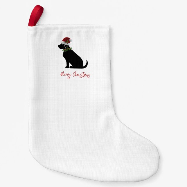 Black Lab Merry Christmas Santa Hat Holly Modern Small Christmas Stocking (Front)