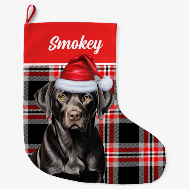 Black Lab Plaid with Dog's Name Christmas Stocking (Front)