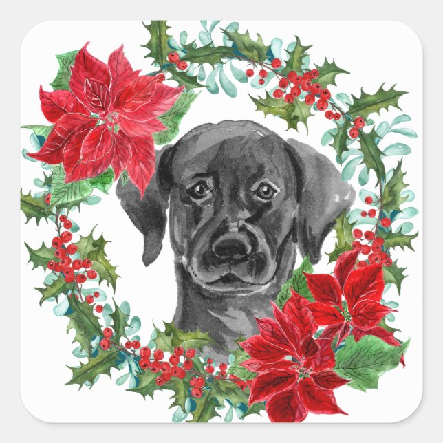 Black Lab Poinsettia Christmas Wreath Square Sticker (Front)