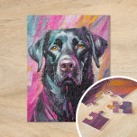 Black Lab Portrait Modern Art Jigsaw Puzzle<br><div class="desc">A vibrant modern art portrait of a black labrador retriever featuring bold, abstract brushstrokes in shades of black, pink, and yellow. The expressive strokes capture the playful personality of the dog, while the unexpected colour palette adds a whimsical, artistic twist to the traditional pet portrait. This dynamic piece combines energy...</div>