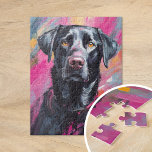 Black Lab Portrait Modern Art Jigsaw Puzzle<br><div class="desc">A vibrant modern art portrait of a black labrador retriever featuring bold, abstract brushstrokes in shades of black, pink, and yellow. The expressive strokes capture the playful personality of the dog, while the unexpected colour palette adds a whimsical, artistic twist to the traditional pet portrait. This dynamic piece combines energy...</div>