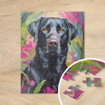 Black Lab Portrait Modern Art Jigsaw Puzzle<br><div class="desc">A striking modern art portrait of a black lab set against an abstract pink and green floral garden background. The dog’s dark silhouette contrasts beautifully with the vibrant, swirling colours of the garden, blending nature and animal in an expressive, contemporary style. The abstract brushstrokes create a sense of movement and...</div>