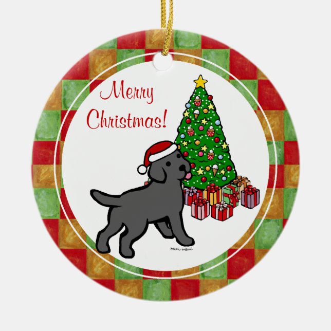 Black Lab Puppy and Christmas Tree Ceramic Ornament (Front)