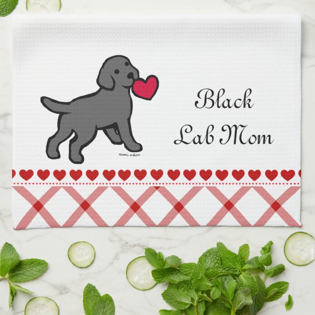 Black Lab Puppy and Red Heart Kitchen Towel (Folded)