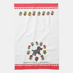 Black Lab Puppy and Red Heart Kitchen Towel