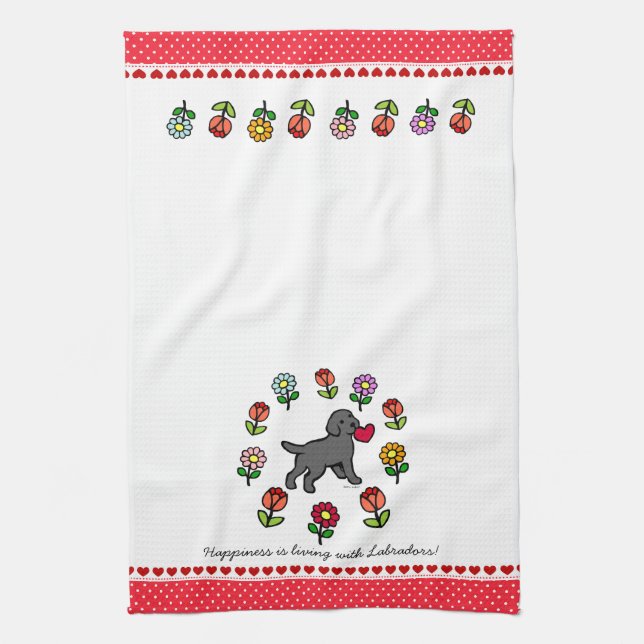Black Lab Puppy and Red Heart Kitchen Towel (Vertical)