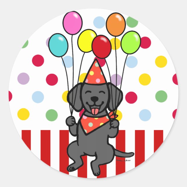 Black Lab Puppy Birthday Balloons Classic Round Sticker (Front)