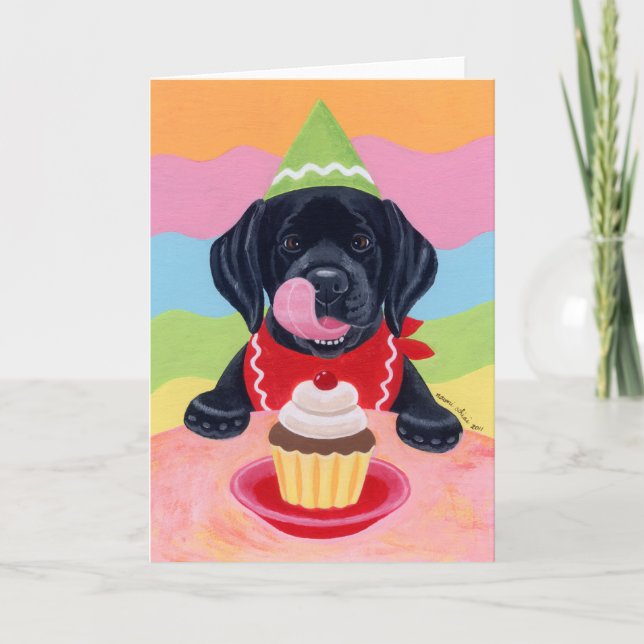Black Lab Puppy Birthday Cupcake Painting Card (Front)