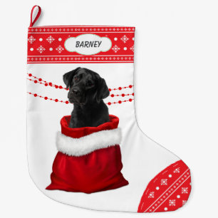 Black Lab Puppy Dog Snowflake Border Large Christmas Stocking