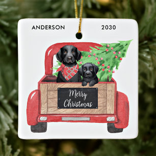 Black Lab Puppy Dog Vintage Red Truck Christmas Ceramic Ornament
