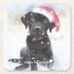 Black Lab Puppy in Christmas Santa hat Custom Text Square Paper Coaster<br><div class="desc">A super cute set of coasters featuring a watercolor rendering of a Black Lab puppy wearing a Santa hat. Or you can replace with your own photo.  Add your text to customize.  Perfect for Lab Moms/Dads and dog lovers.</div>