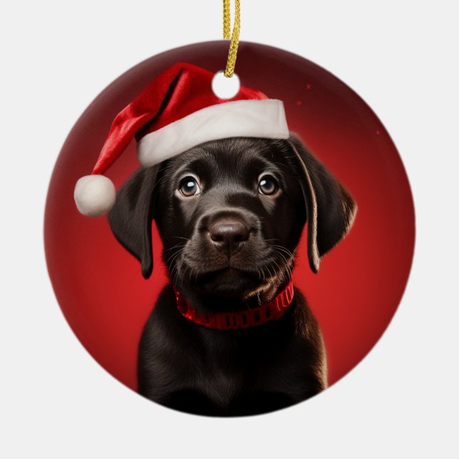 Black Lab Puppy in Santa Hat Ceramic Ornament (Front)
