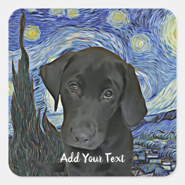 Black Lab Puppy Starry Night Personalized Square Sticker (Front)