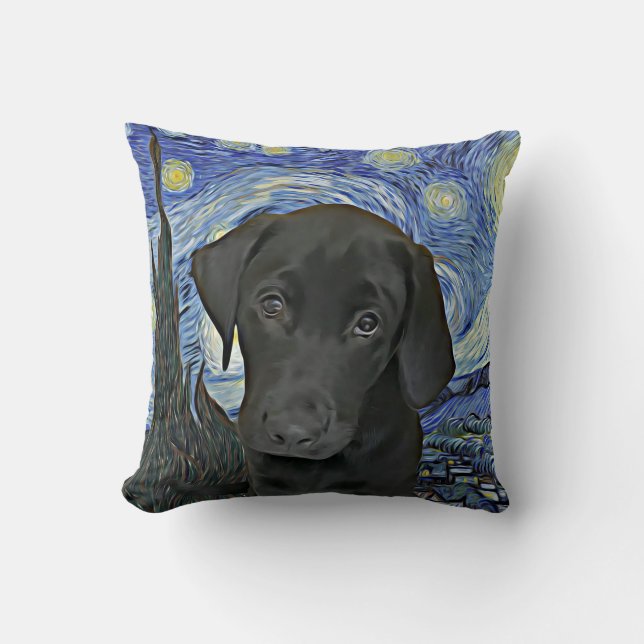 Black Lab Puppy Starry Night Van Gogh Inspired  Throw Pillow (Front)
