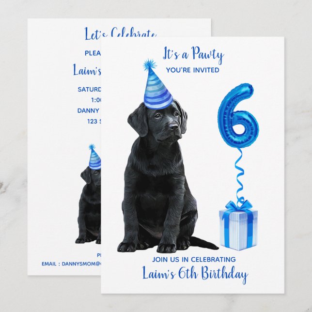 Black Lab Puppy Theme 6th Birthday Blue Boy Pawty Invitation (Front/Back)