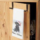 Black Lab Puppy wearing Santa Hat, Custom Text Kitchen Towel<br><div class="desc">Super cute kitchen towel featuring a watercolor rendering of a Black Labrador Retriever wearing a Santa hat.  Add your custom text to personalize. Makes the perfect holiday gift for lab owners,  dog moms and dads,  chefs,  bakers and more.</div>