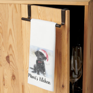 Black Lab Puppy wearing Santa Hat, Custom Text Kitchen Towel