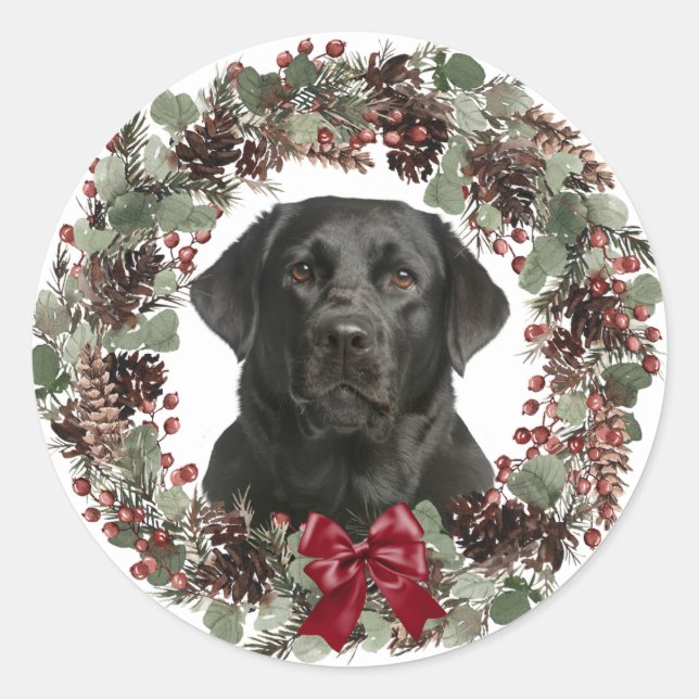 Black Lab Red Bow Pinecone Wreath Christmas Classic Round Sticker (Front)