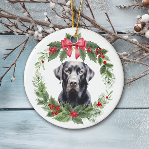 Black Lab Retriever Red Bow Holly Wreath Ceramic Ornament
