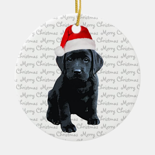 Black Lab Santa Dog -Merry Christmas Labrador Dog Ceramic Ornament (Front)
