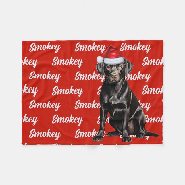 Black Lab Santa Dog with Custom Name Christmas Fleece Blanket (Front (Horizontal))