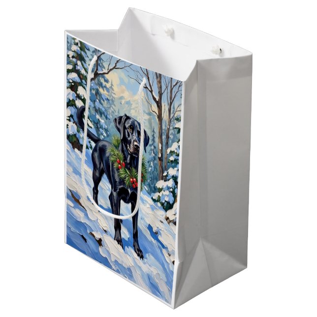 Black Lab Serene Winter Forest Christmas Holiday Medium Gift Bag (Front Angled)