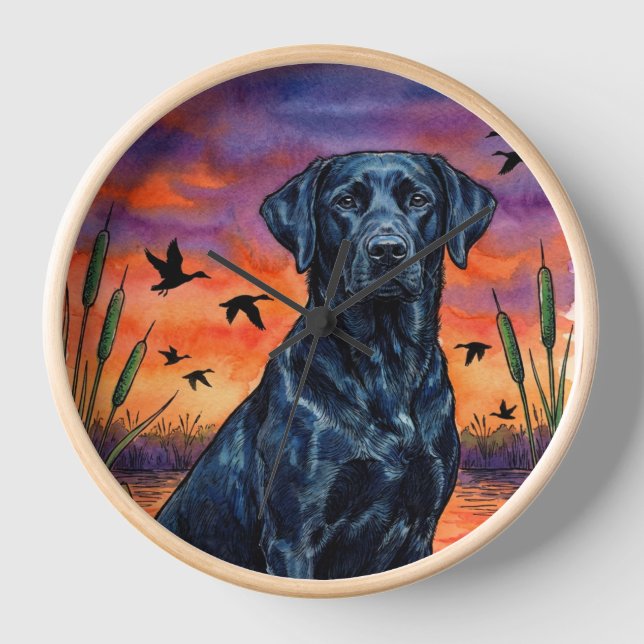 Black Lab Sunset Duck Hunting Wall Clock (Front)
