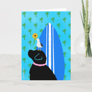 Black Lab Surfboard Dog Seagull Card