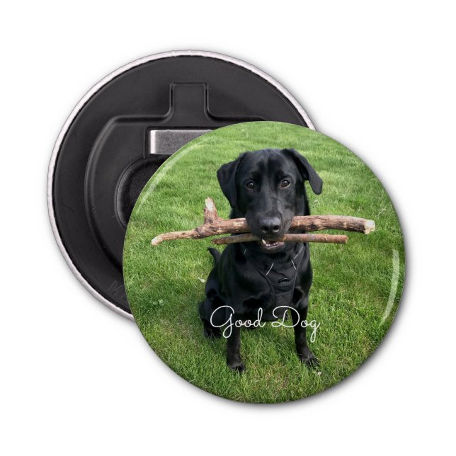 Black Lab with two sticks Dog Photo and Name Bottle Opener (Front)