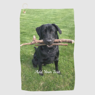 Black Lab with two sticks Dog Photo and Name Golf Towel
