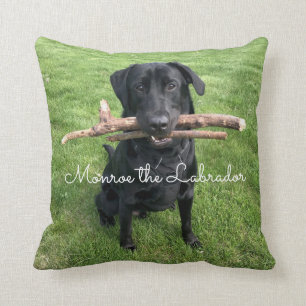 Black Lab with two sticks Dog Photo and Name Throw Pillow