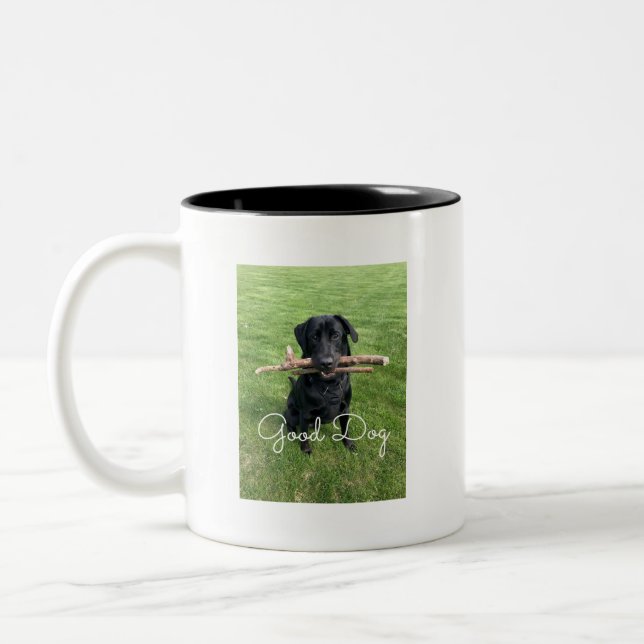Black Lab with two sticks Dog Photo and Name Two-Tone Coffee Mug (Left)