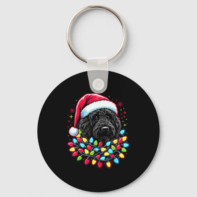 Black Labradoodle Christmas Tree Xmas Lights Doodl Keychain (Front)
