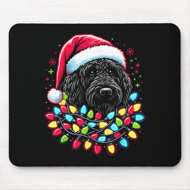Black Labradoodle Christmas Tree Xmas Lights Doodl Mouse Pad (Front)