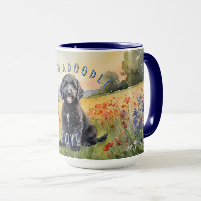 Black Labradoodle Puppy, Customizable Sunrise Mug (Front Right)