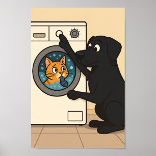 Black Labrador and Cat Laundry Room Humor Poster 